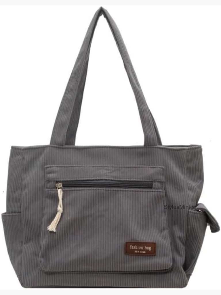 Large Corduroy Tote Bag With Pockets And Zipper Closure Shoulder Bag